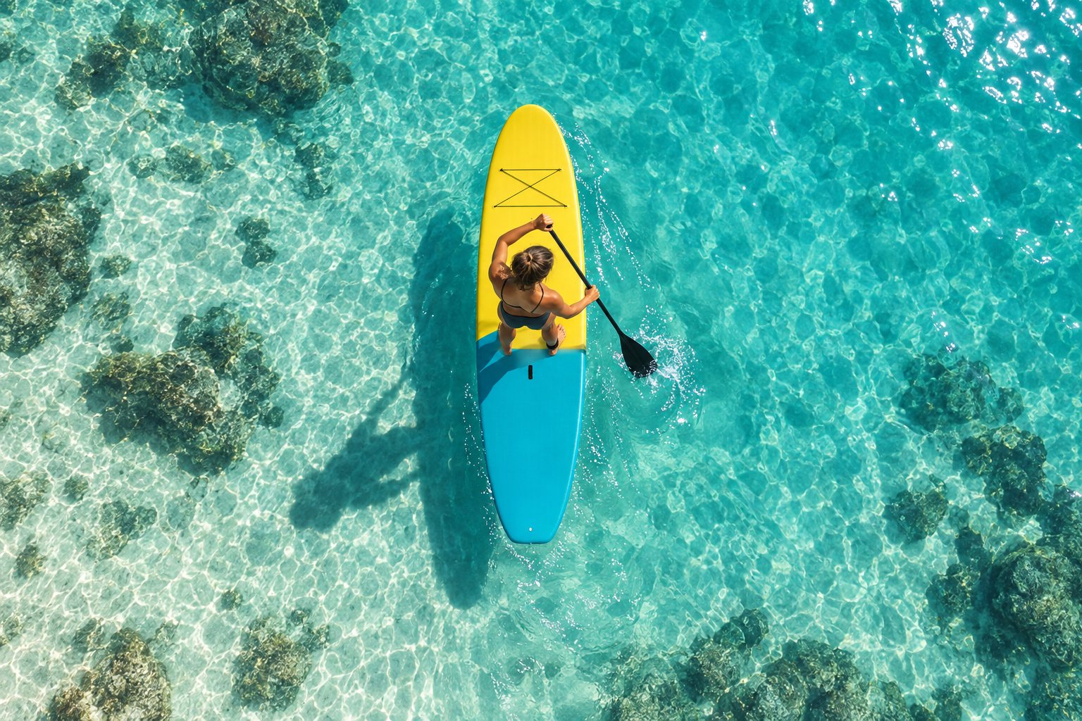 A paddler on a board over clear water, seen from above