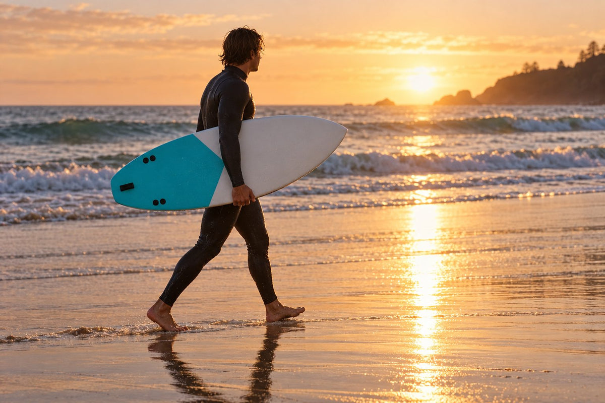 A surfer carrying a soft-top board along the beach at sunset